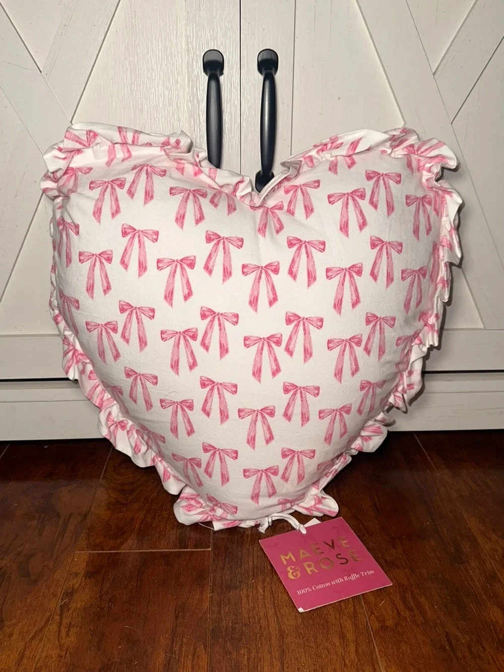 Maeve & Rose Heart Shaped Decorative Pillow with Pink Bow Print